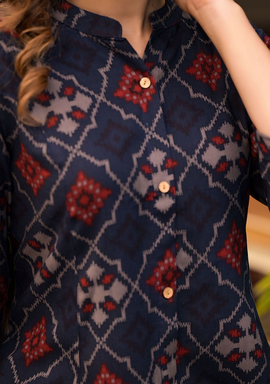 Dark Blue A-Line Printed Rayon Kurta