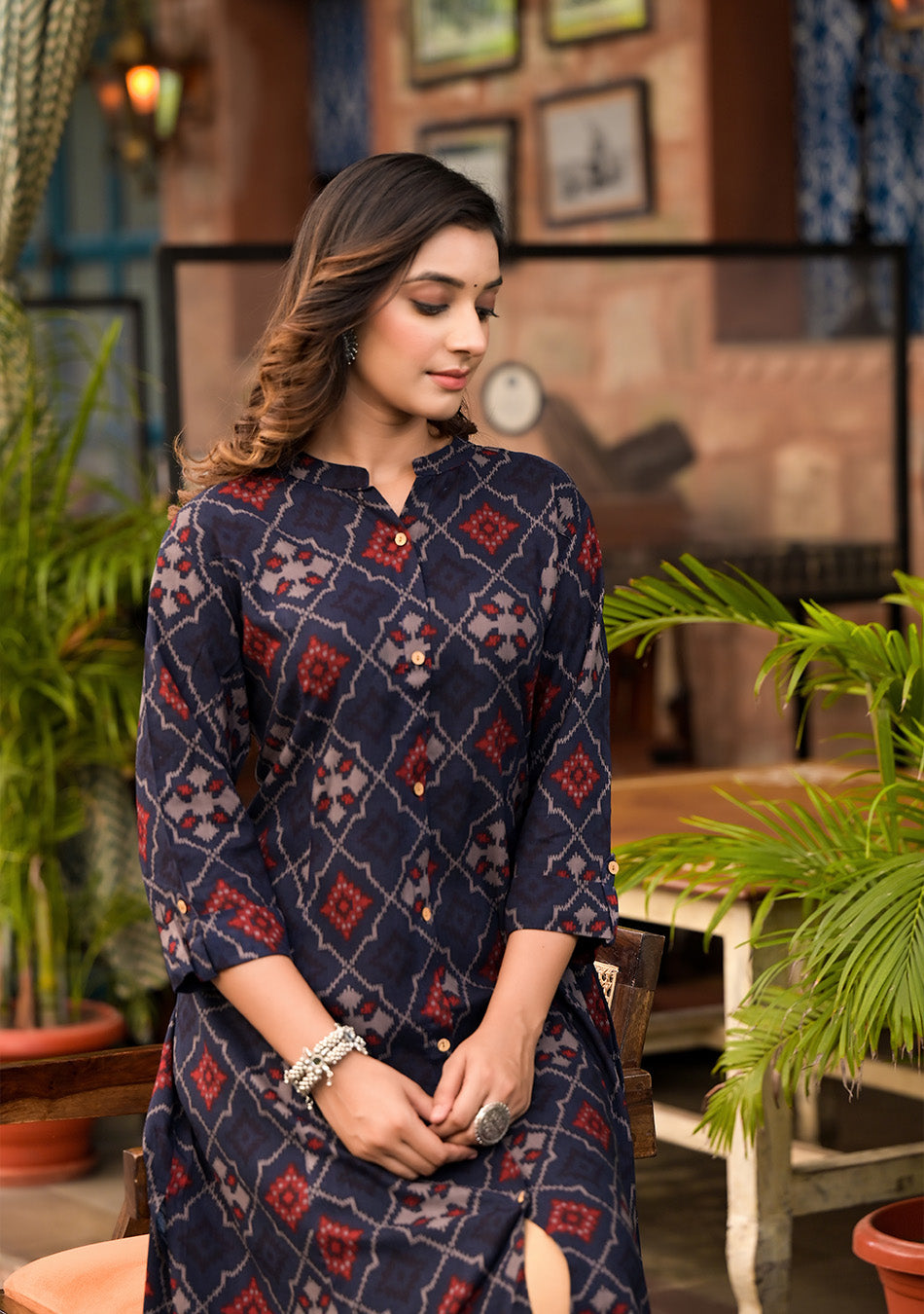 Dark Blue A-Line Printed Rayon Kurta