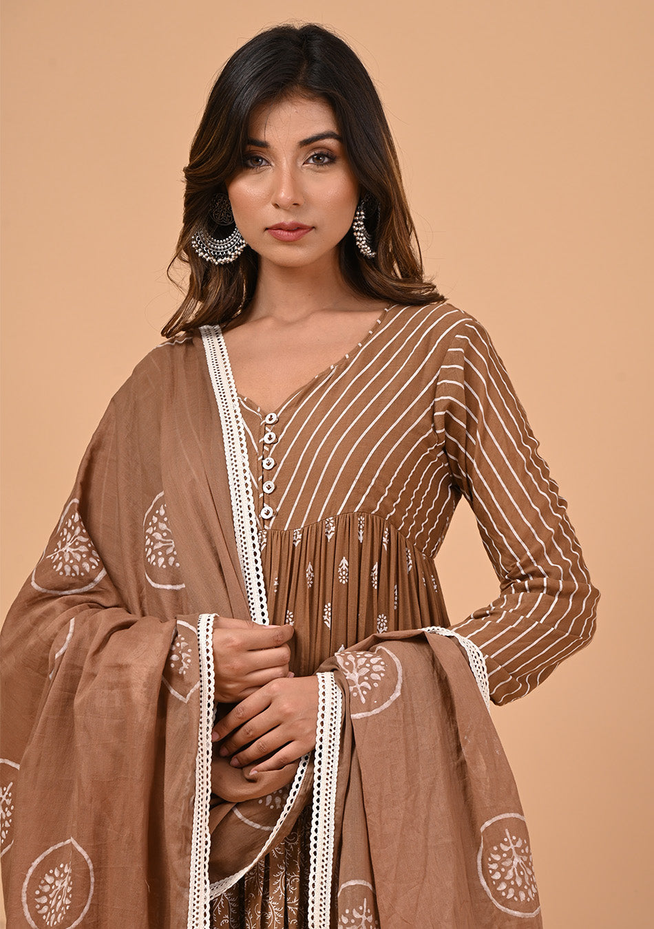 Brown Anarkali with Khadi Print and Dupatta