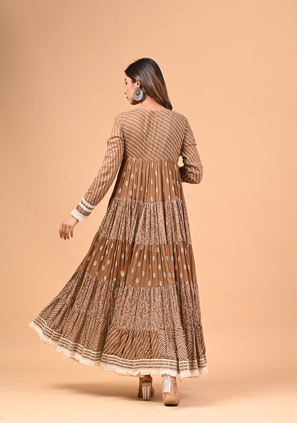 Brown Anarkali with Khadi Print and Dupatta