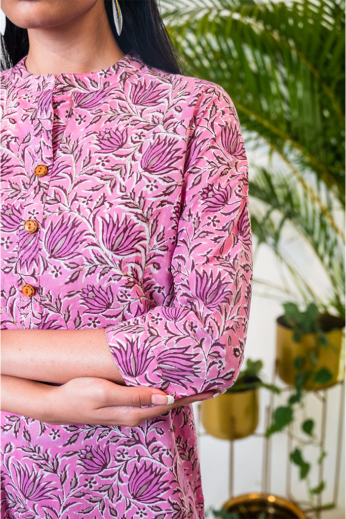 Hand-Block Printed Deep Pink Kurta and Pant Set