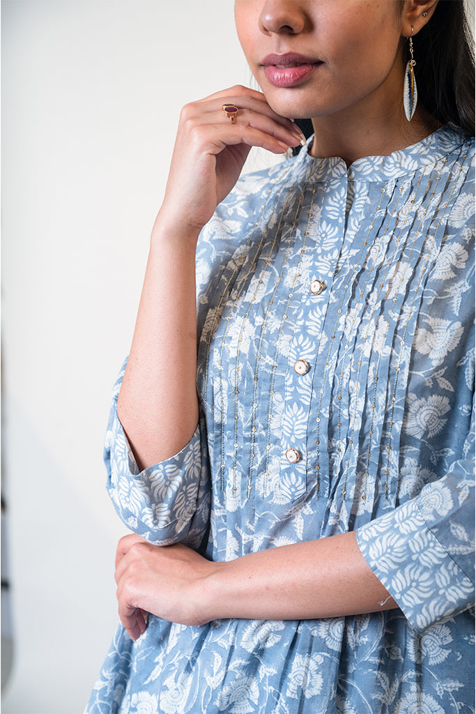 Blue Floral Motif Hand Block Kurta & Pant Set
