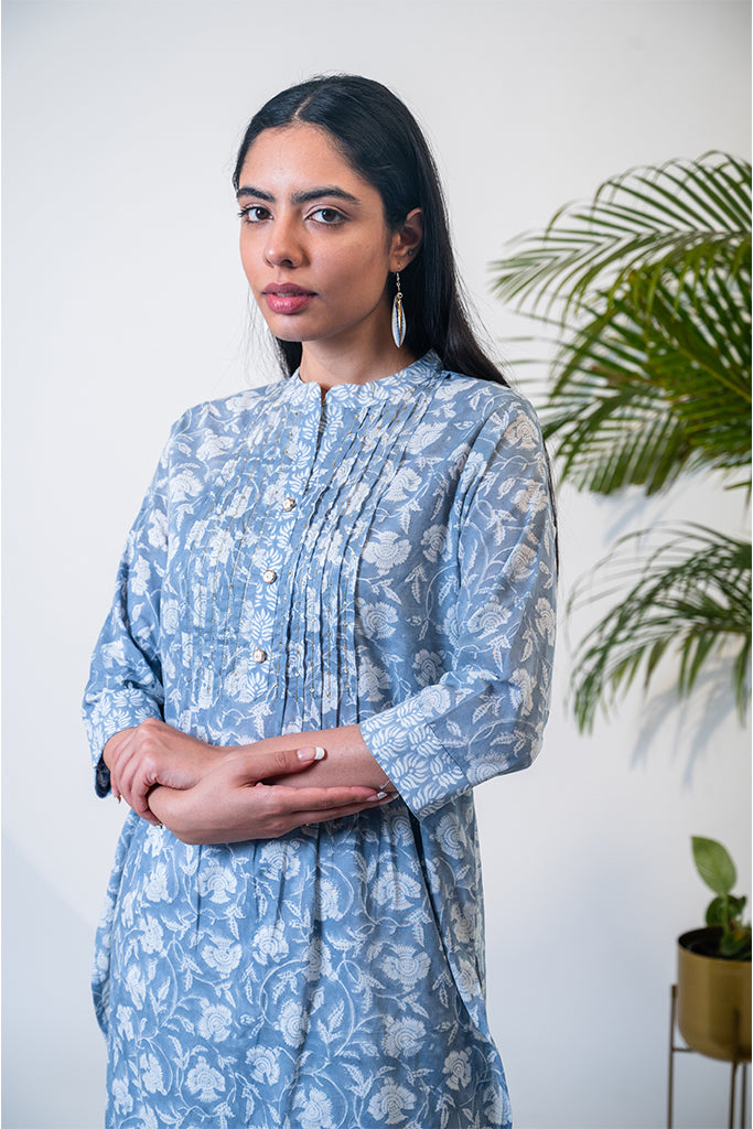 Blue Floral Motif Hand Block Kurta & Pant Set