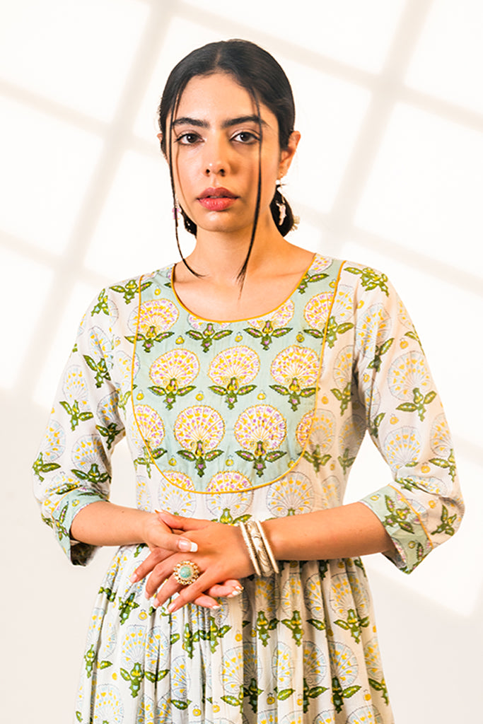 Hand-Block Printed Green Peafowl Inspired Kurta