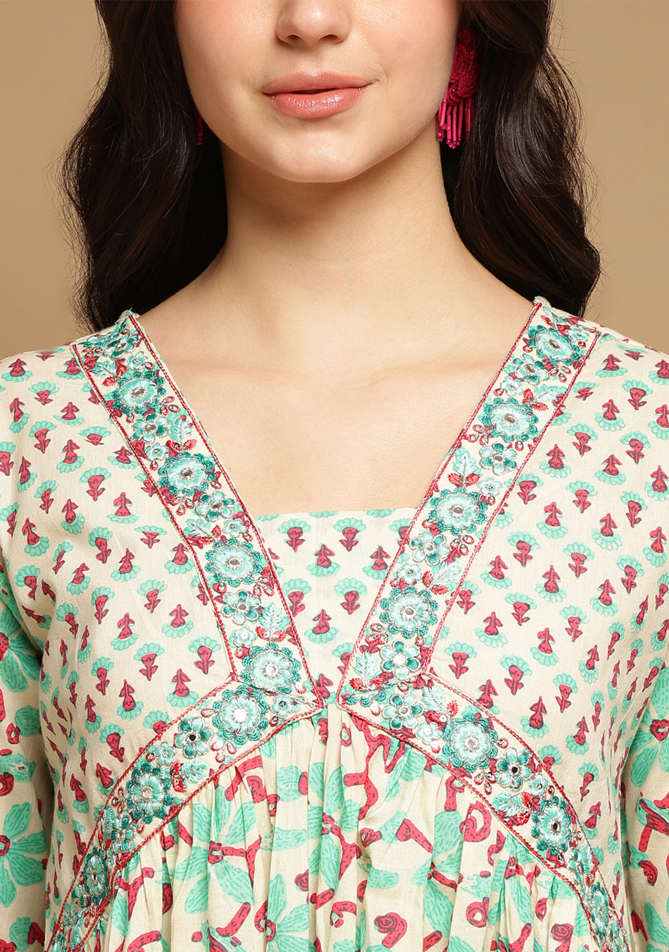 White And Seagreen Floral Anarkali Kurta Pant Set With Dupatta