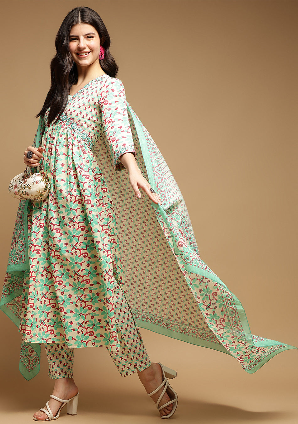 White And Seagreen Floral Anarkali Kurta Pant Set With Dupatta