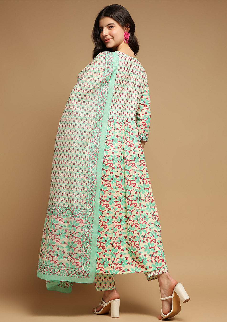 White And Seagreen Floral Anarkali Kurta Pant Set With Dupatta