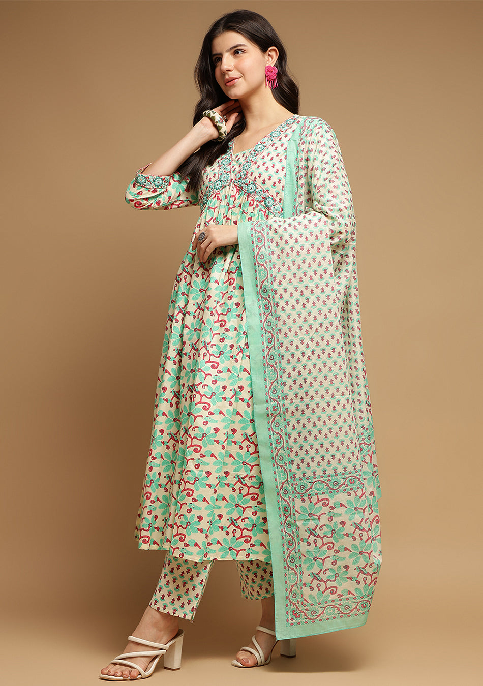 White And Seagreen Floral Anarkali Kurta Pant Set With Dupatta