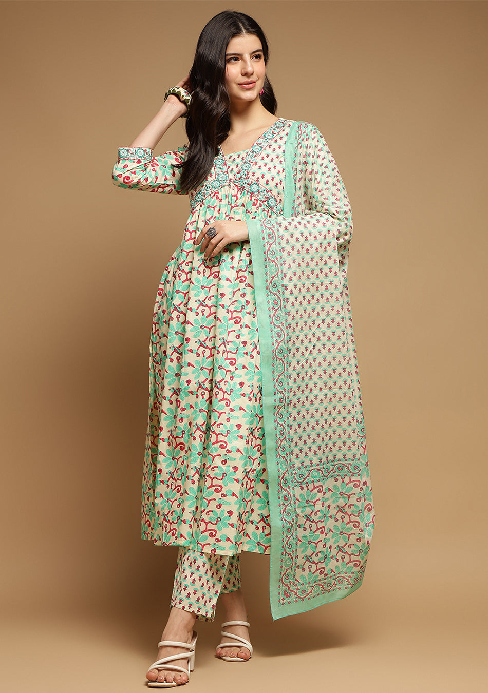 White And Seagreen Floral Anarkali Kurta Pant Set With Dupatta