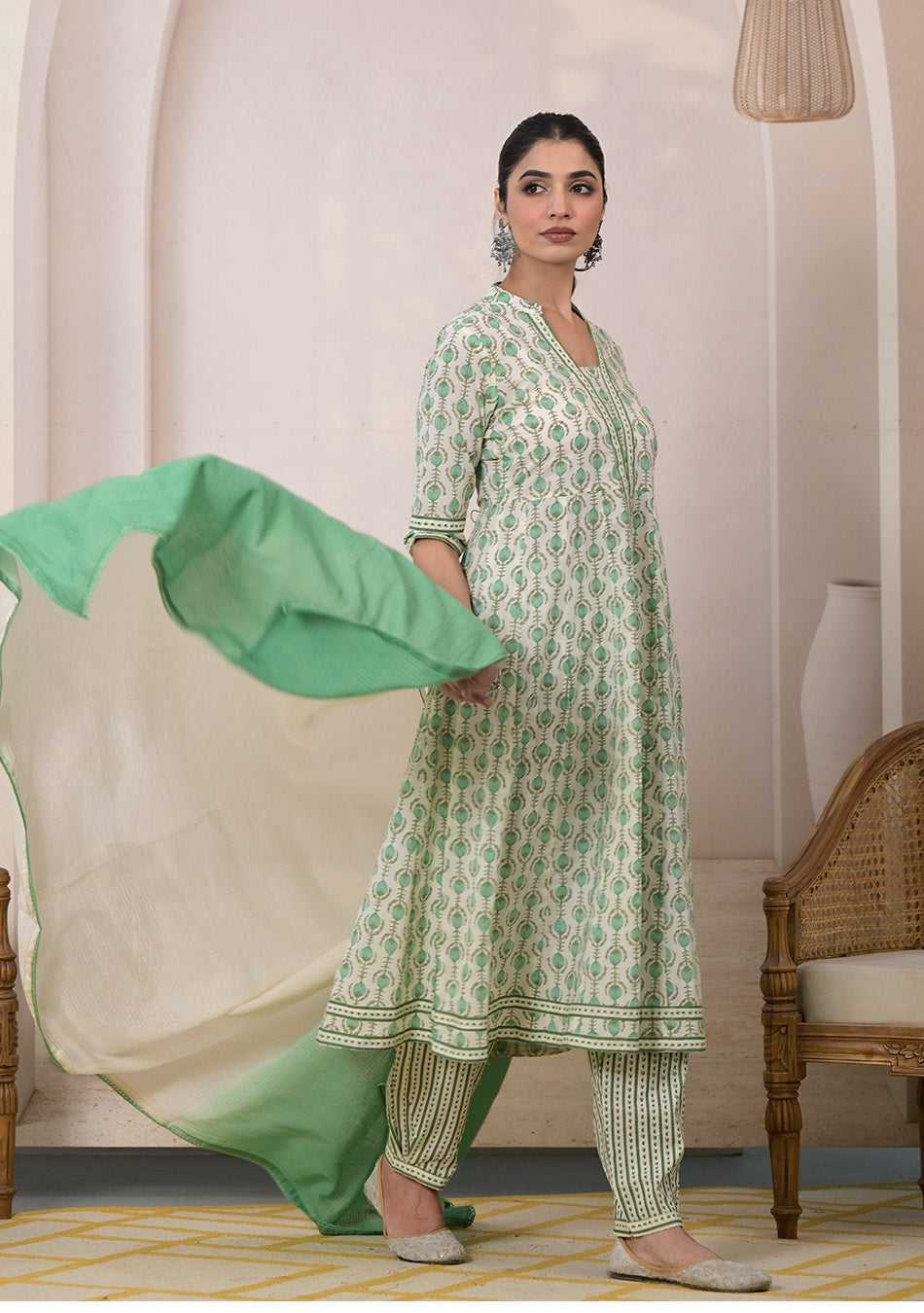 Mint Blossom Anarkali Suit with Dupatta