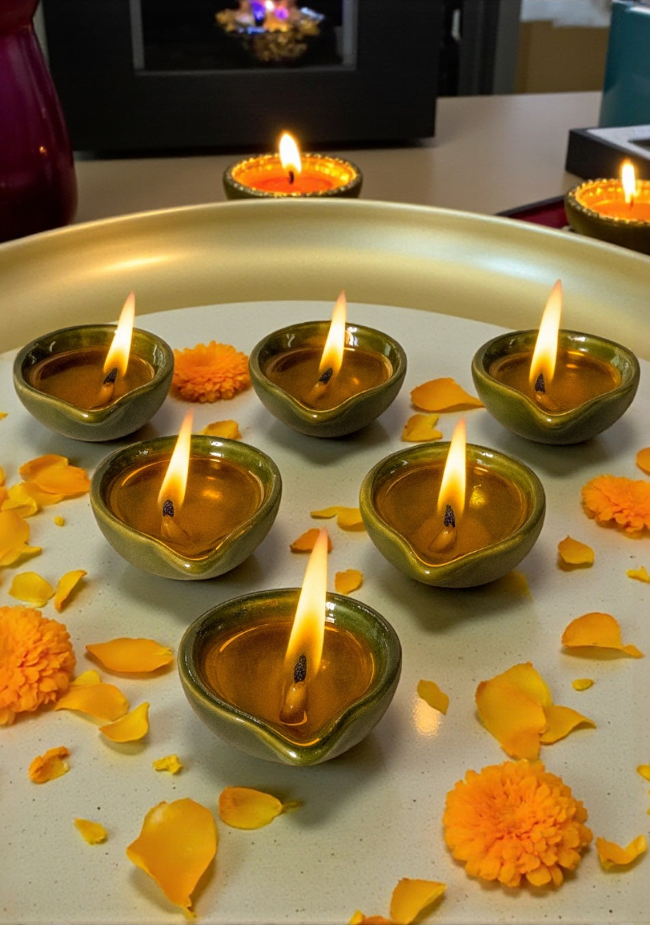Sage Bloom Glazed Diya set of 6