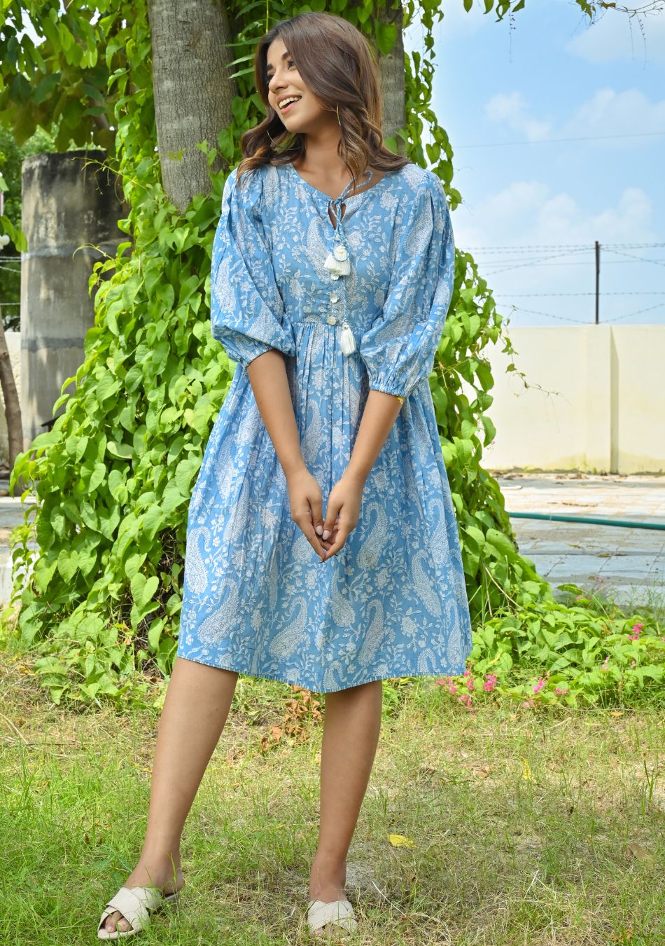 Blue Paisley Cotton Short Dress