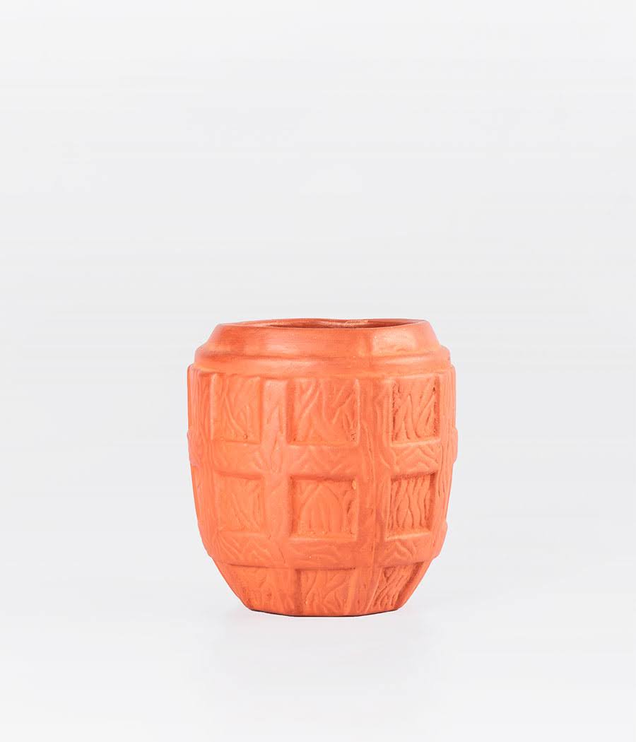Square Design Brown Clay Pot