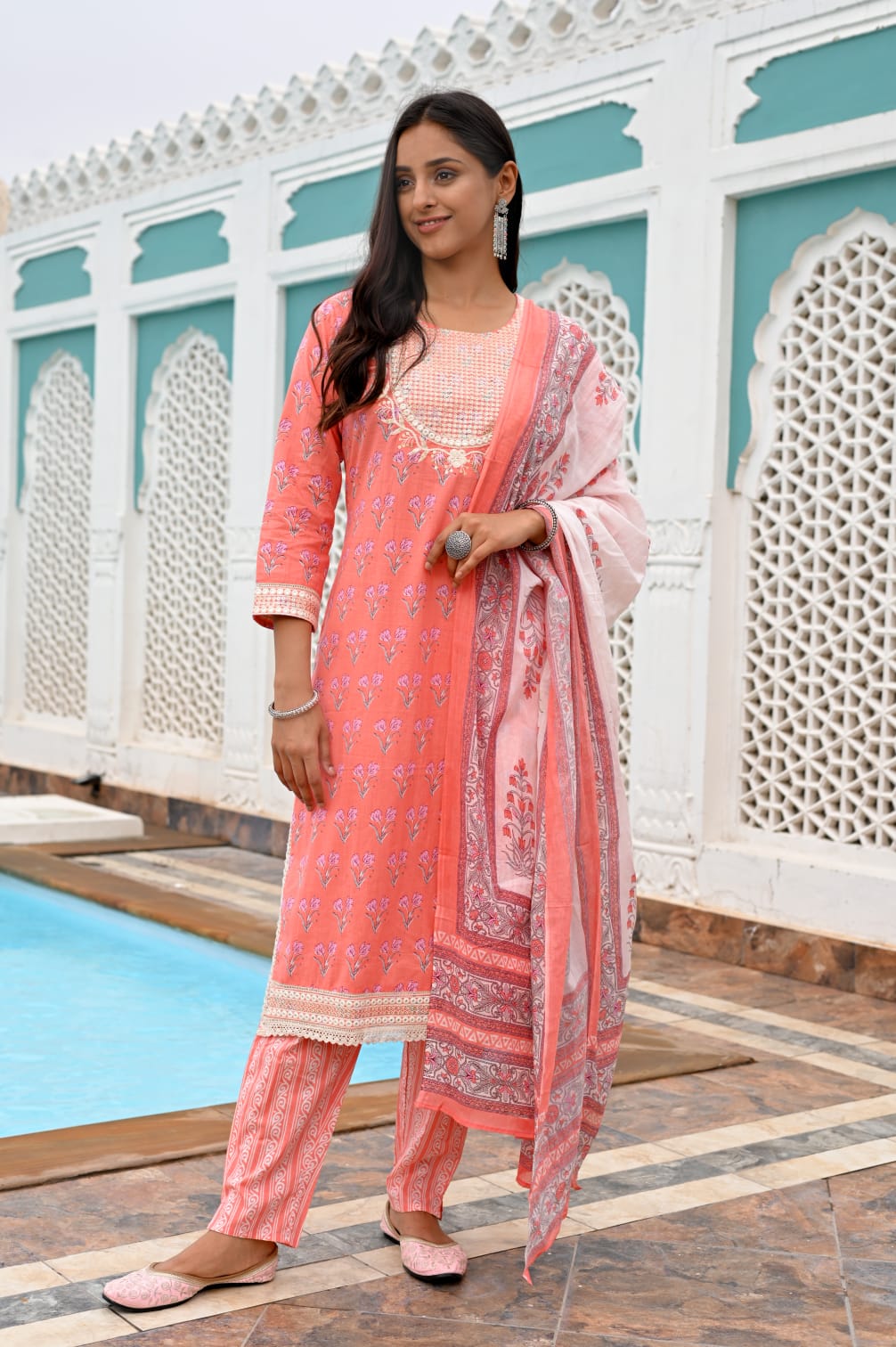 Coral Floral Kameez & Pant Set