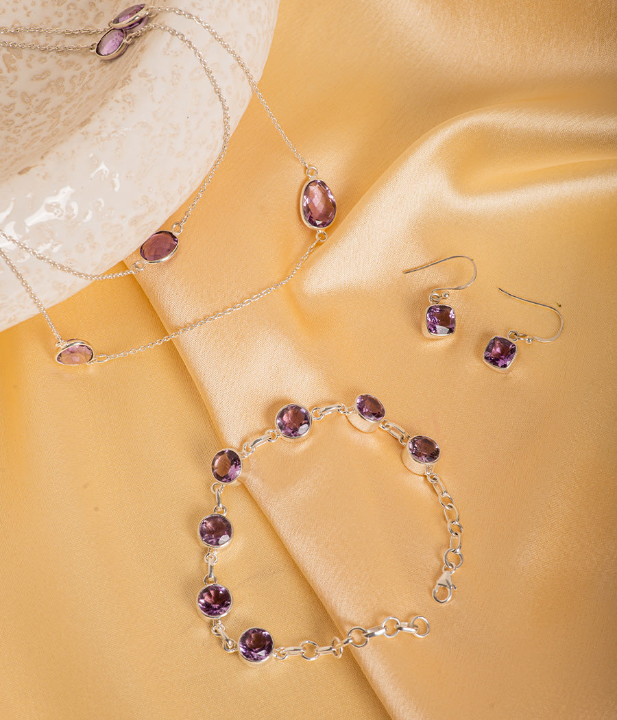 Amethyst Set: Silver Necklace, Bracelet and Earrings