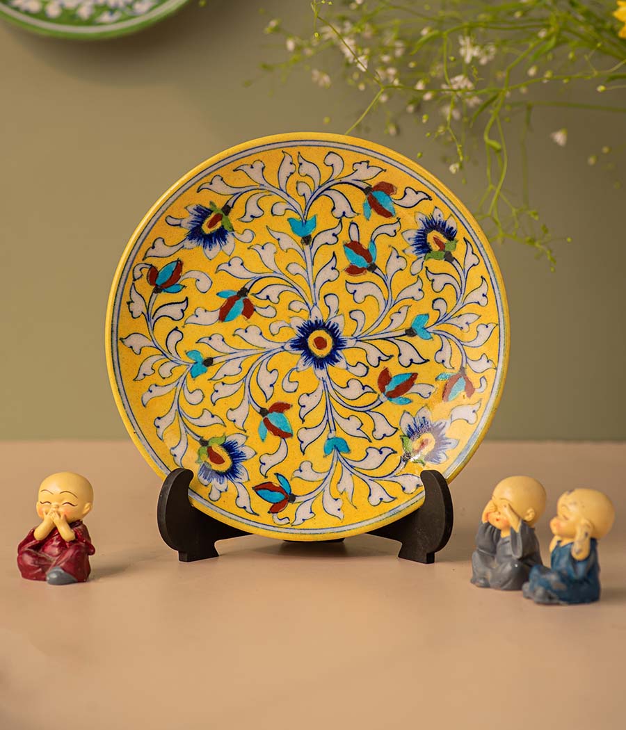 yellow colour blue pottery decorative plate