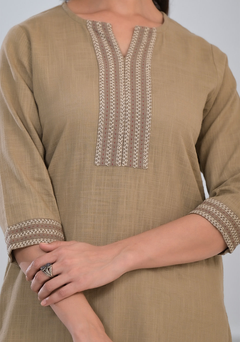 Khakhi Solid Cotton Slub Kurta