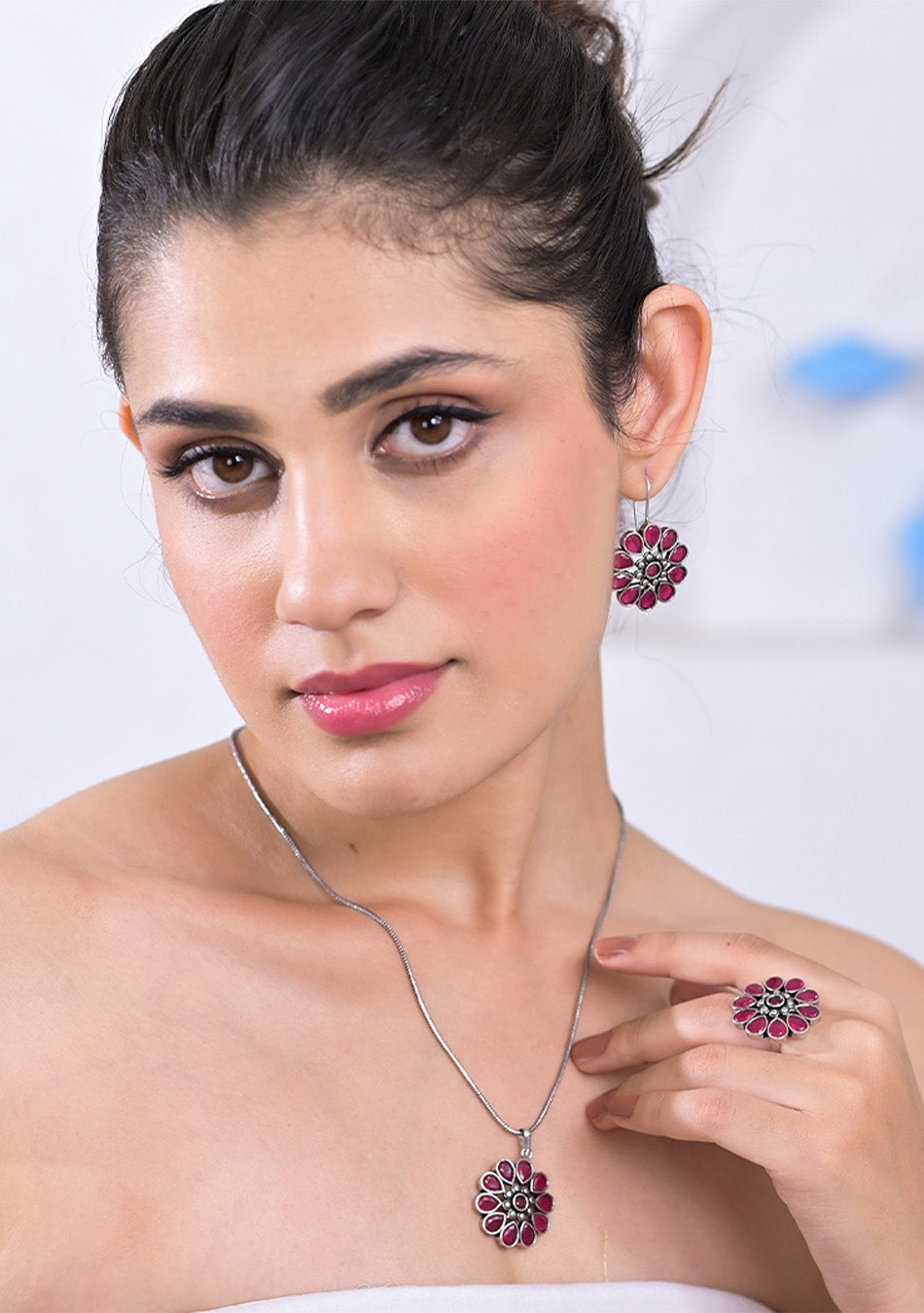 Ruby Blossom Pendant Set
