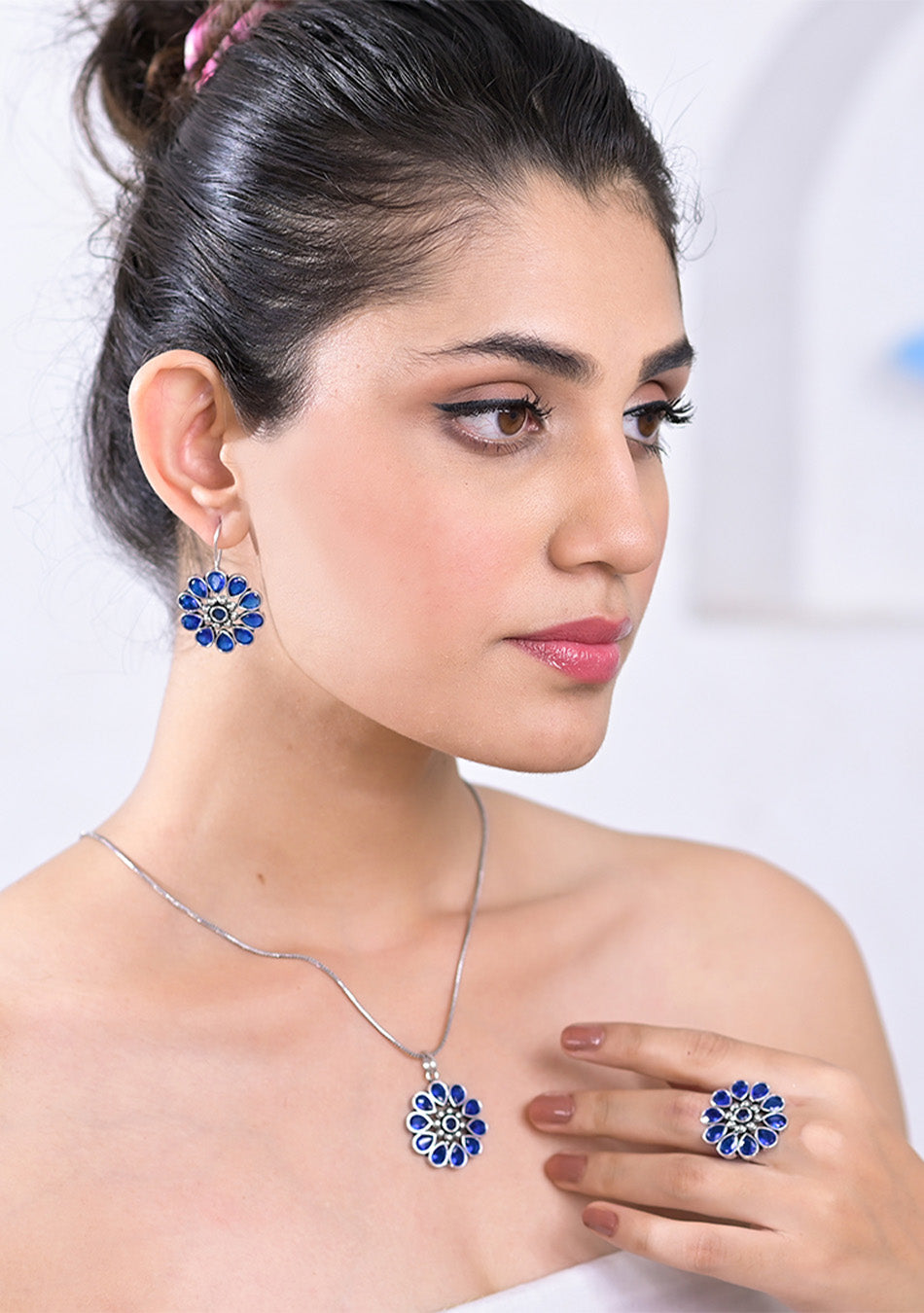 Sapphire Blossom Pendant Set