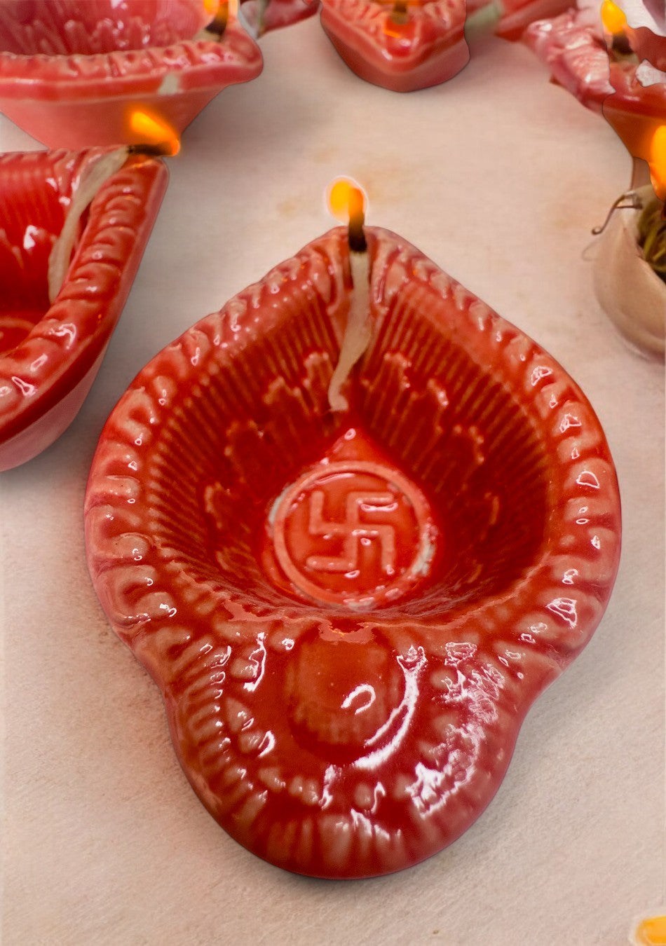 Red Swastic Diya Set of 6