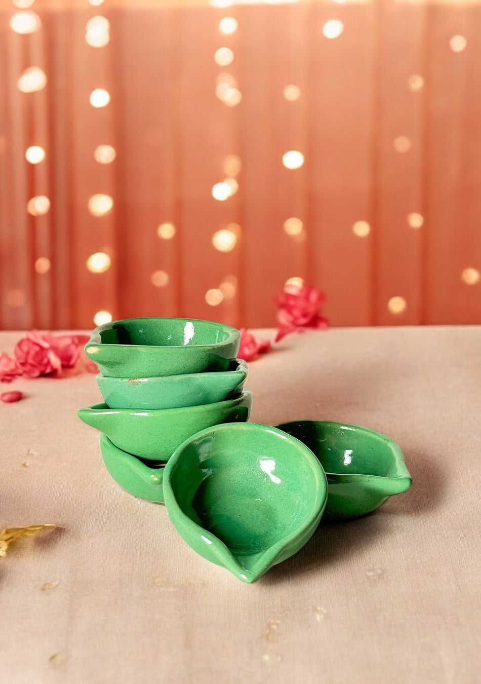 Green glazed diya set of 6