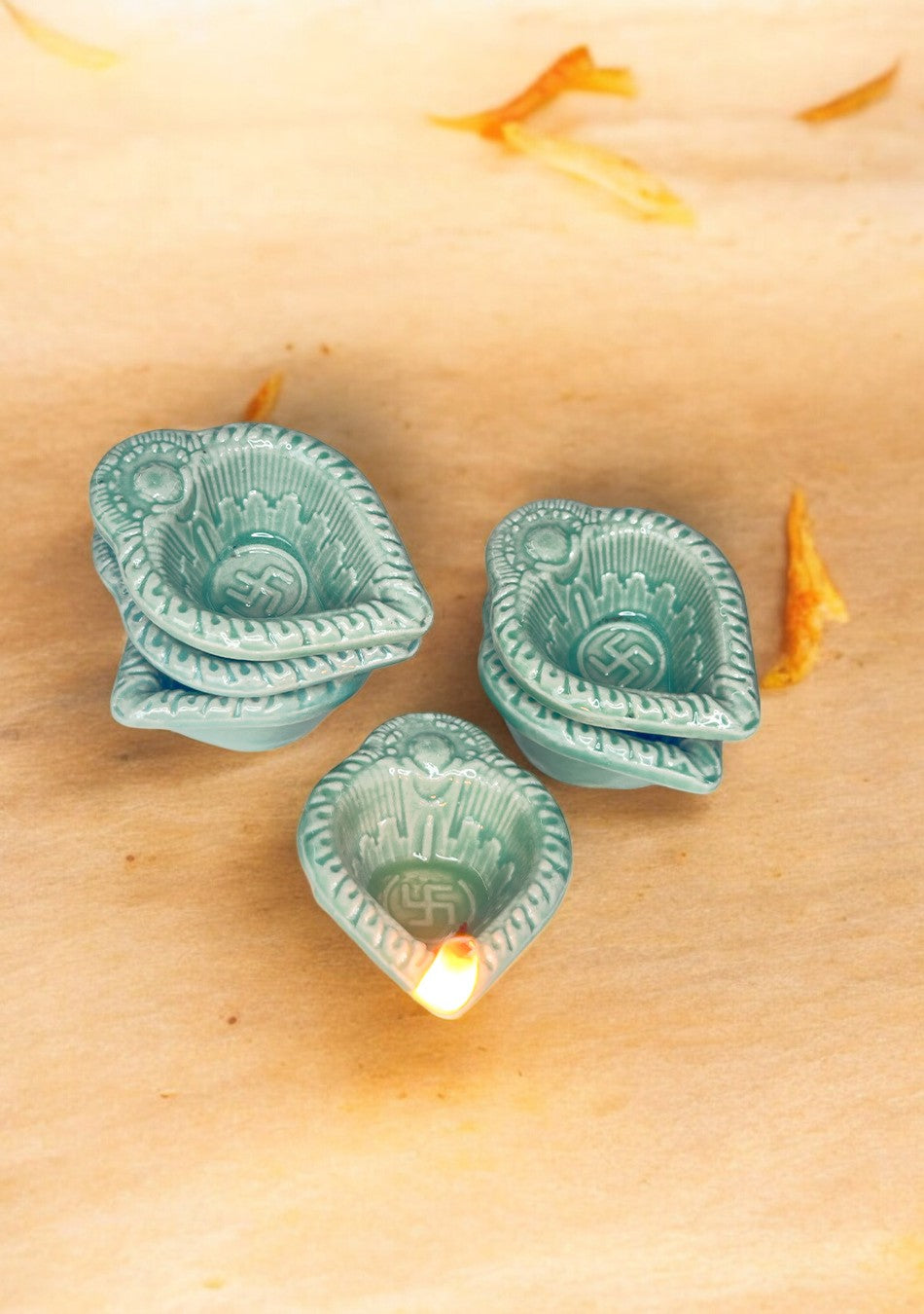 Green Swastic Diya Set of 6