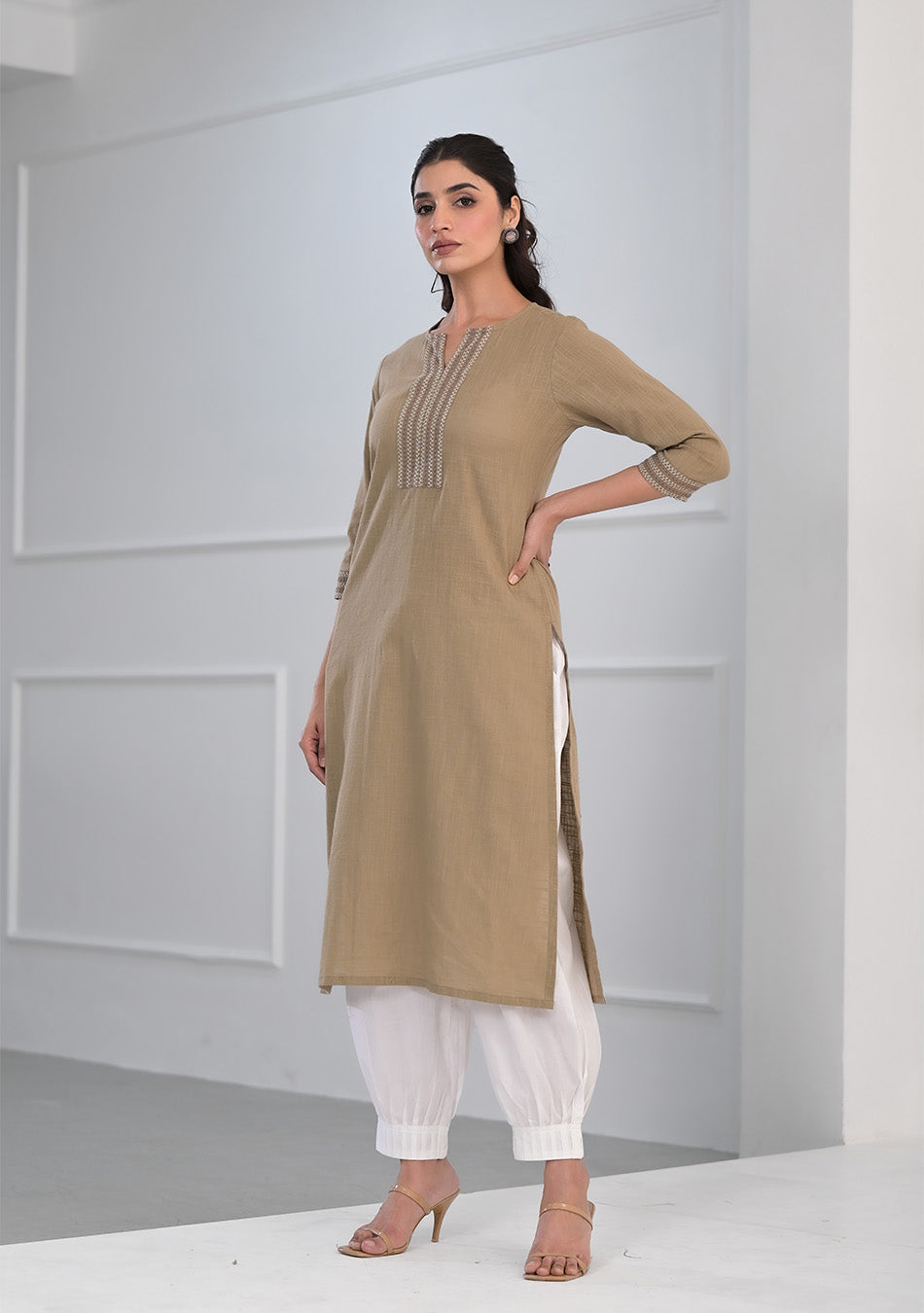 Khakhi Solid Cotton Slub Kurta