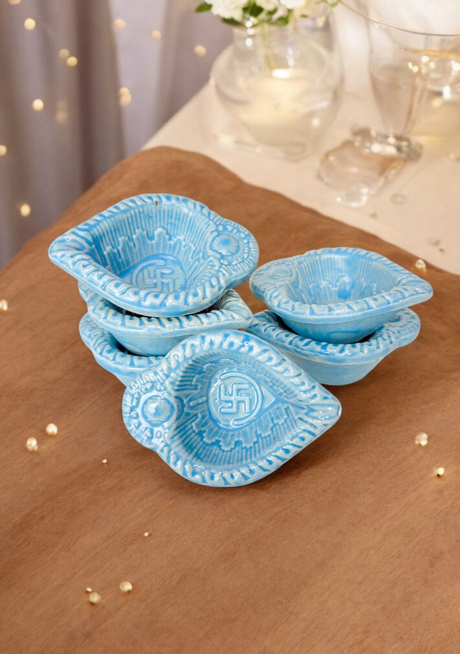 Blue Swastic Diya Set of 6