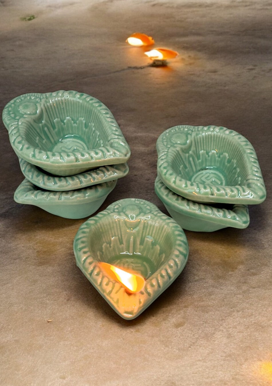 Green Swastic Diya Set of 6