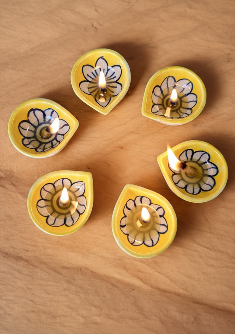 Yellow Floral Diyas Set of 6