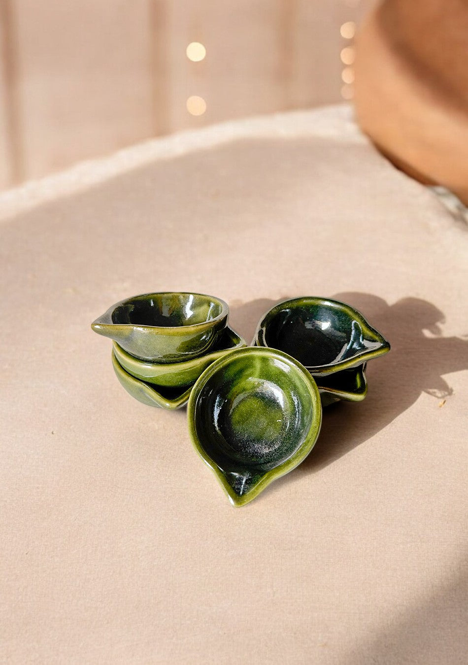 Sage Bloom Glazed Diya set of 6