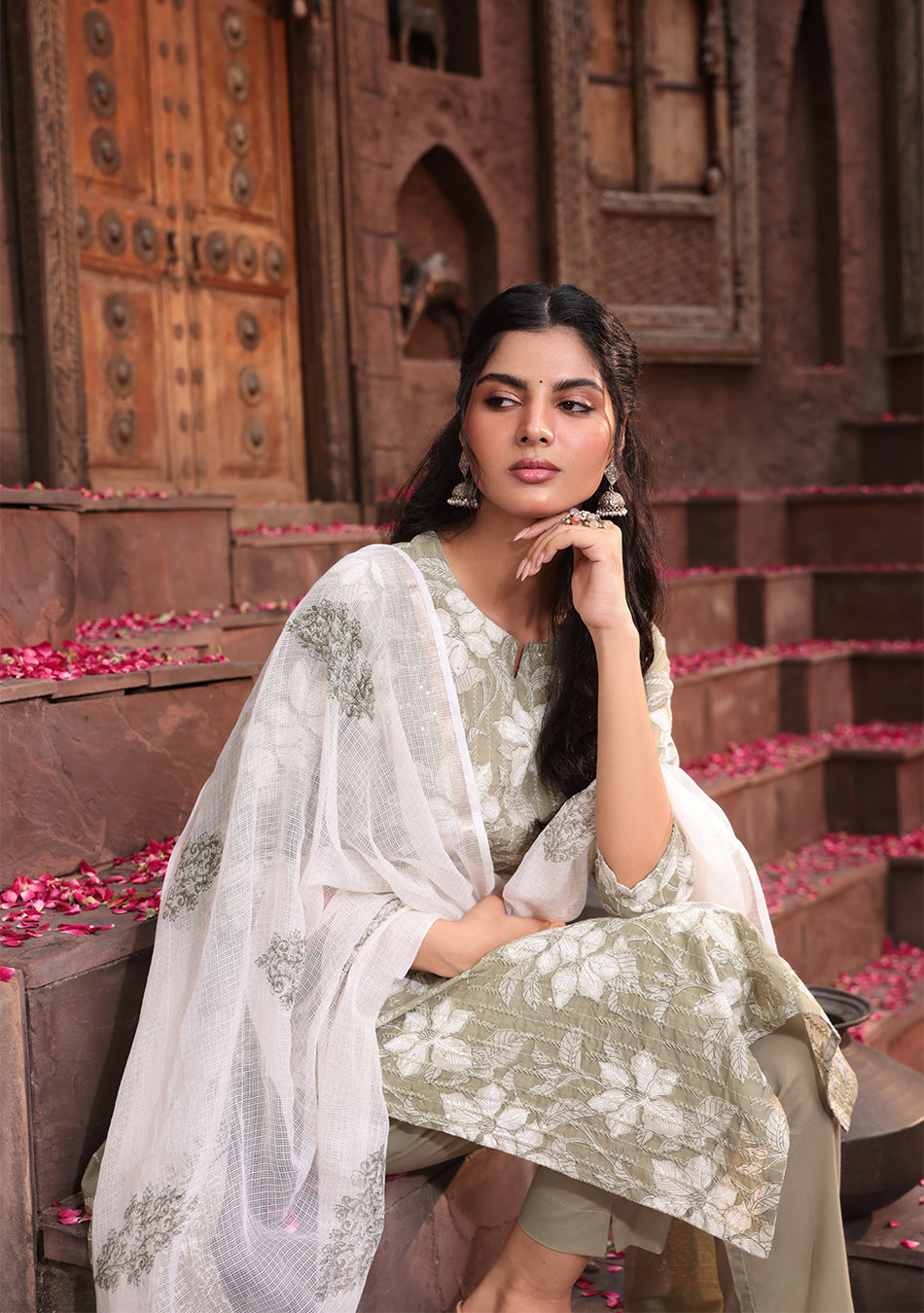 Sage Serenity Suit Set with Kota Dupatta