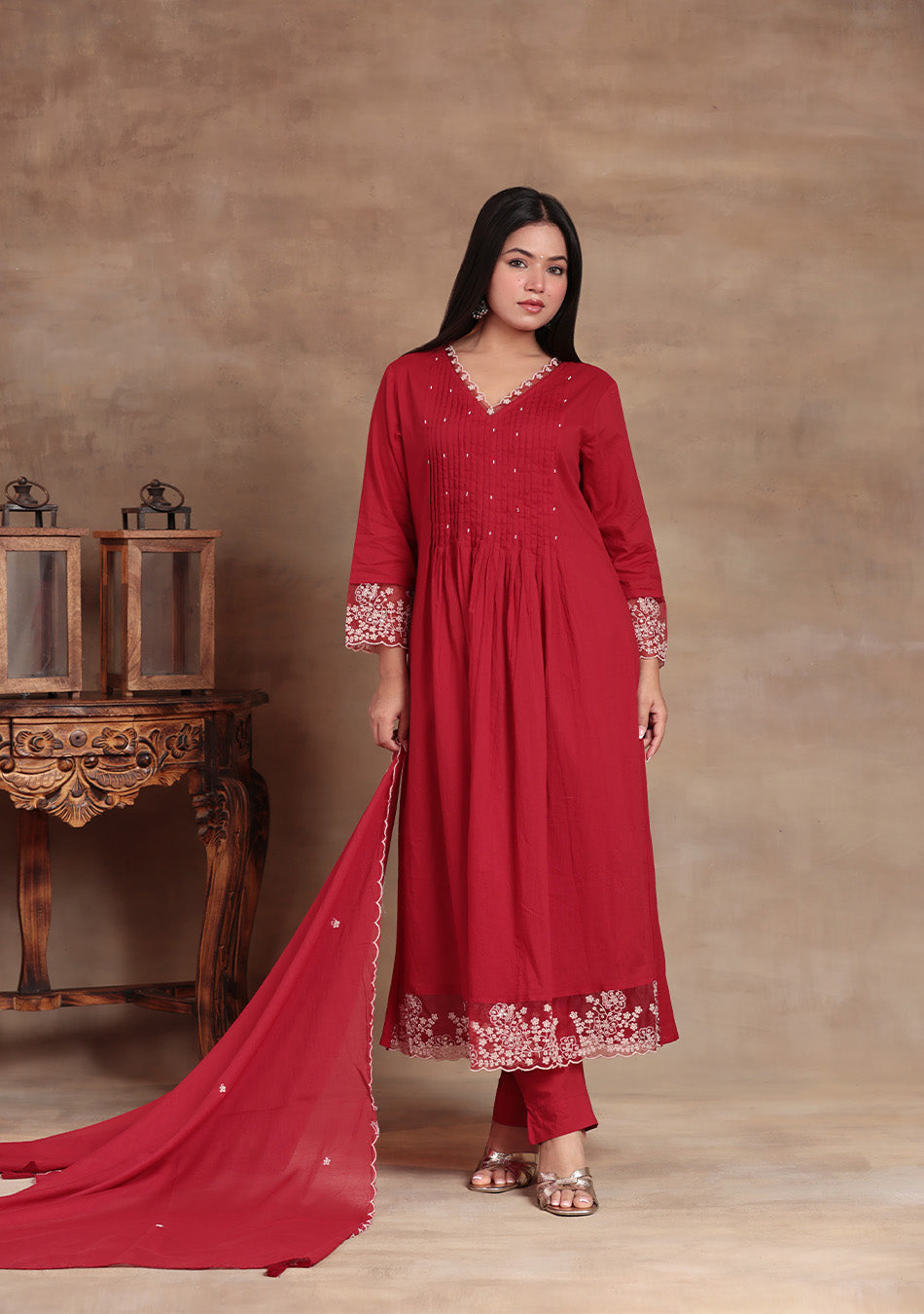 Crimson Elegance Embroidered Suit Set