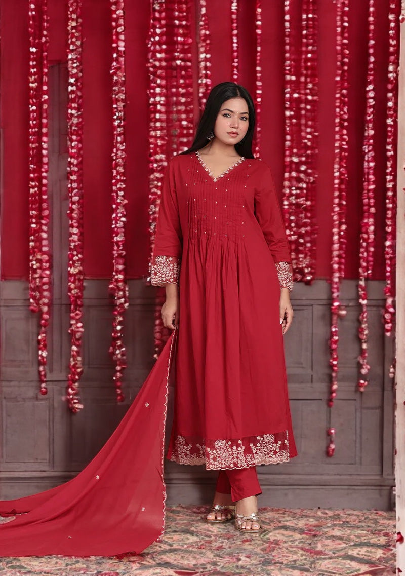 Crimson Elegance Embroidered Suit Set