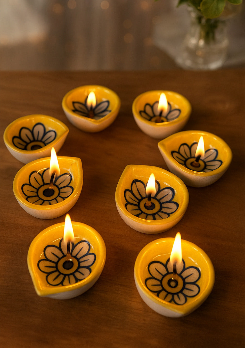 Yellow Floral Diyas Set of 6