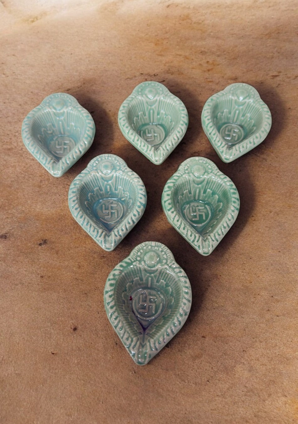 Green Swastic Diya Set of 6