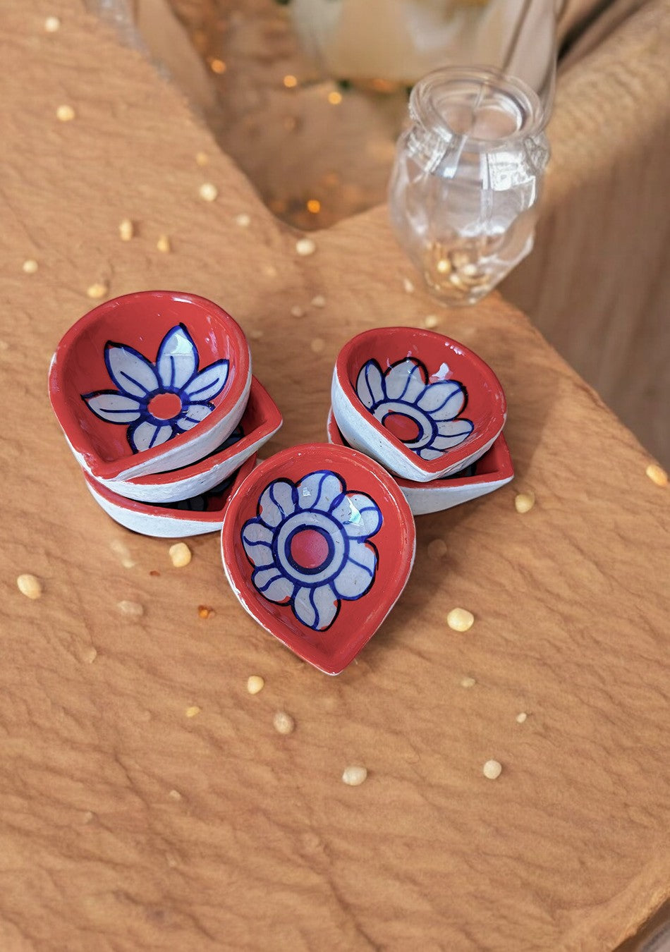 Orange Floral Diyas Set of 6