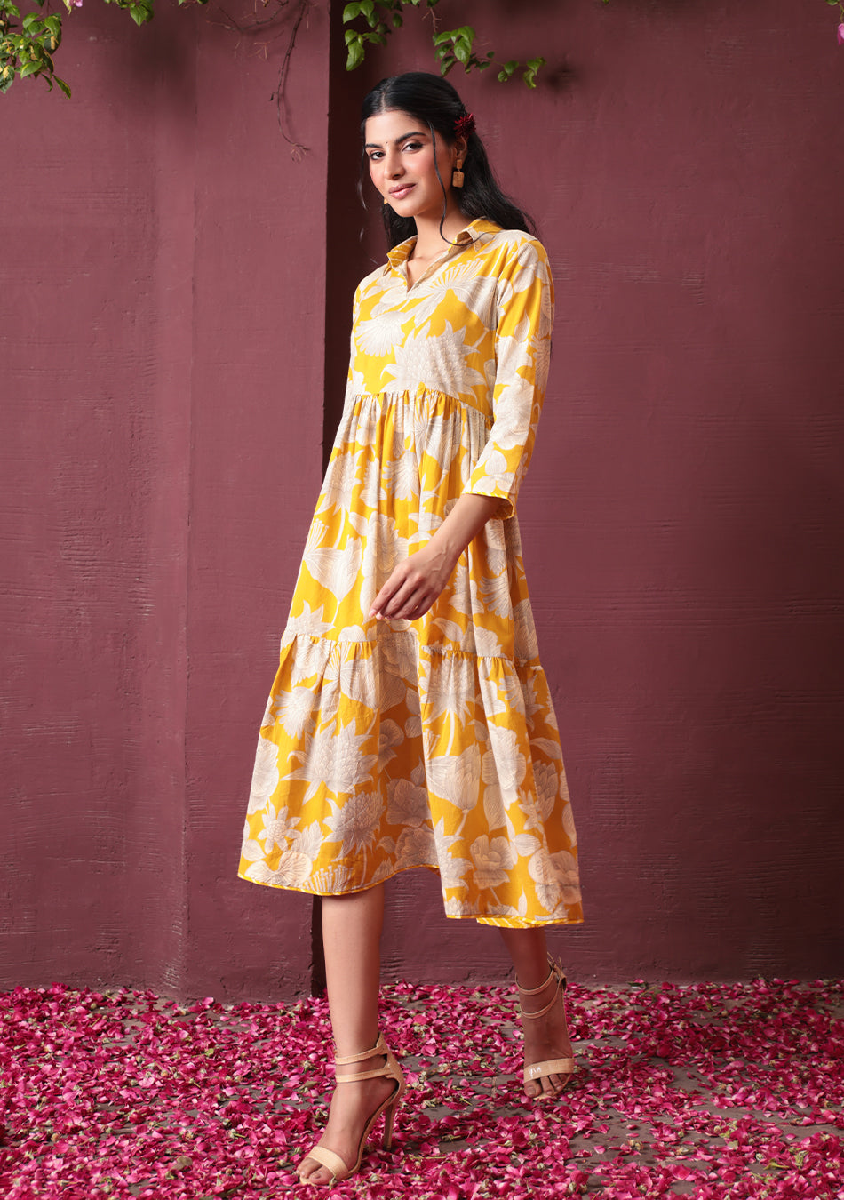 Yellow Botanical Tiered Dress