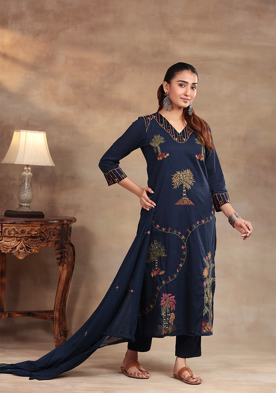 Navy Bloom embroidered suit set
