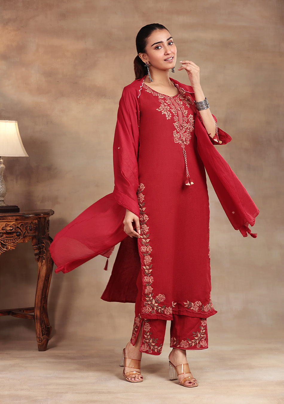 Crimson Rose Embroidered Suit Set