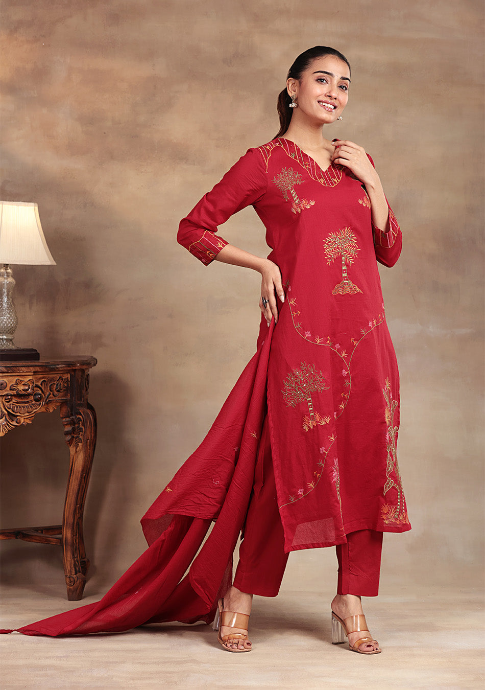 Maroon Bloom embroidered suit set