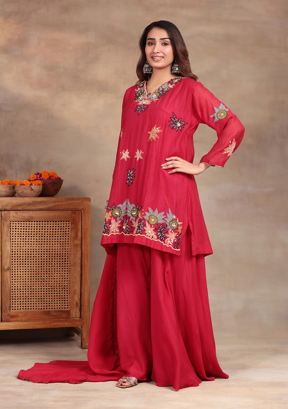 Crimson Star Hand Embroidered Sharara Set
