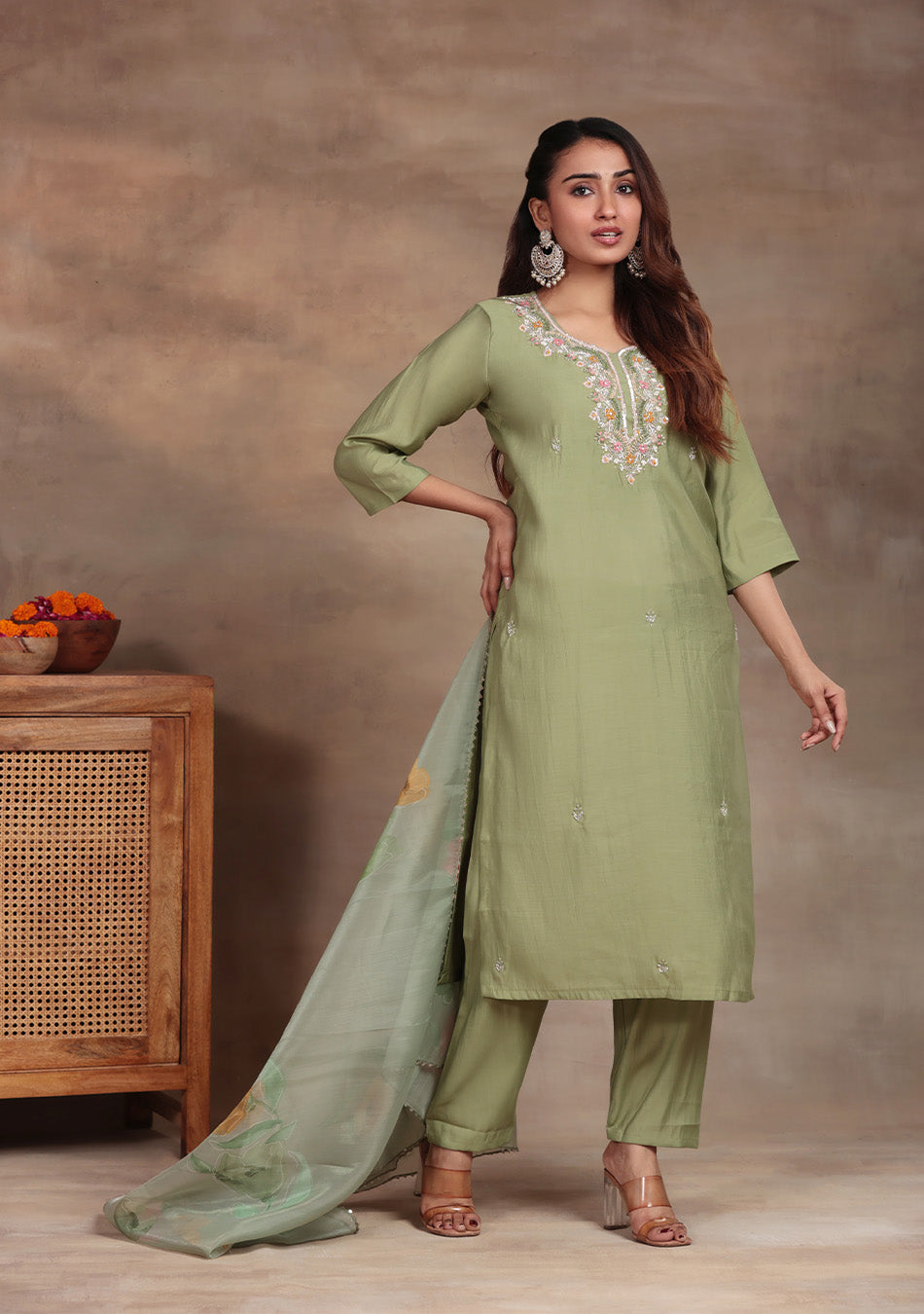 Pista Green Embroidered suit set