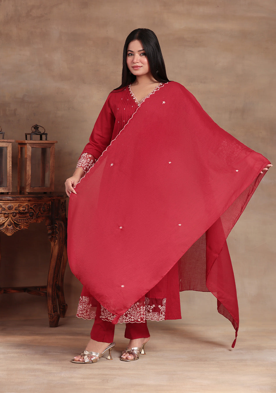 Crimson Elegance Embroidered Suit Set