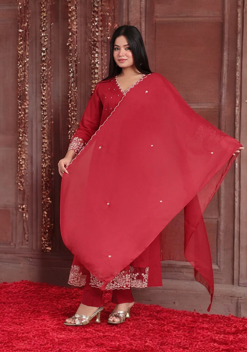 Crimson Elegance Embroidered Suit Set