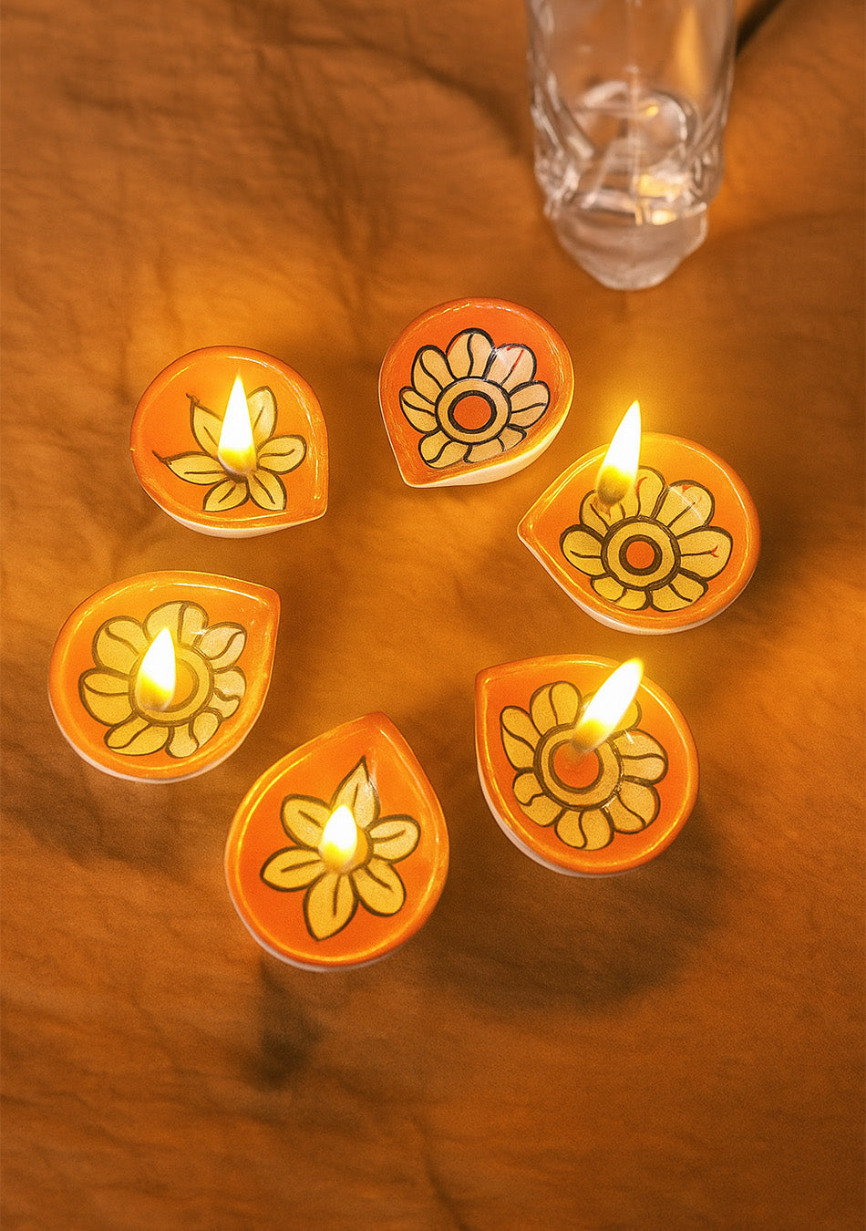 Orange Floral Diyas Set of 6