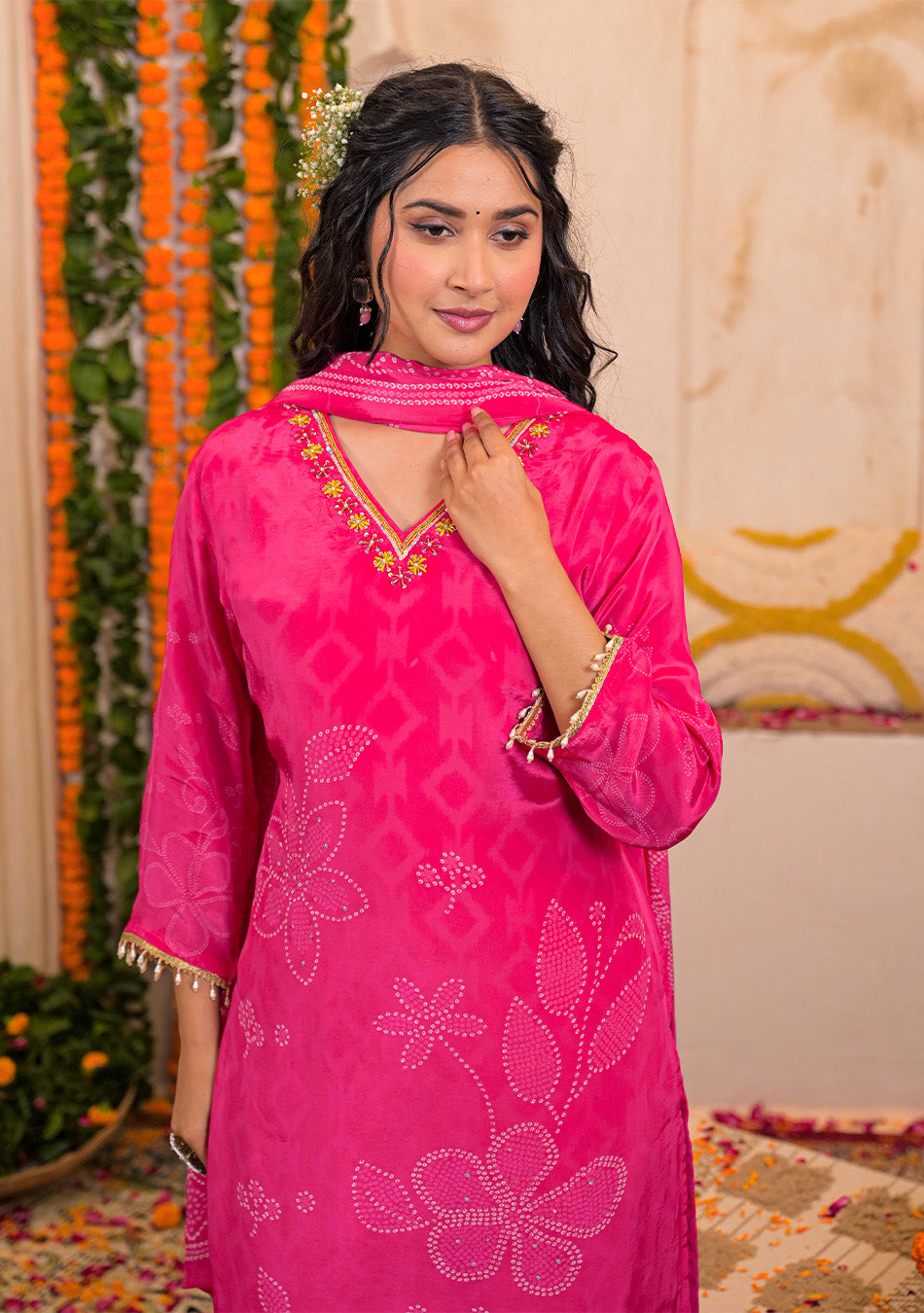 Fuchsia Bloom Crepe Suit Set