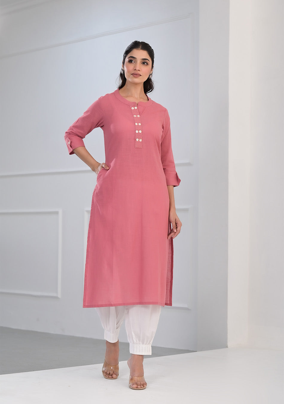 Pink Solid Cotton Kurta