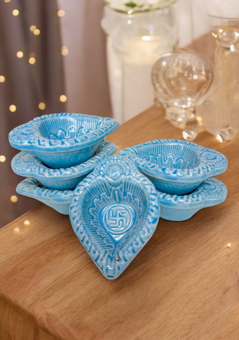 Blue Swastic Diya Set of 6