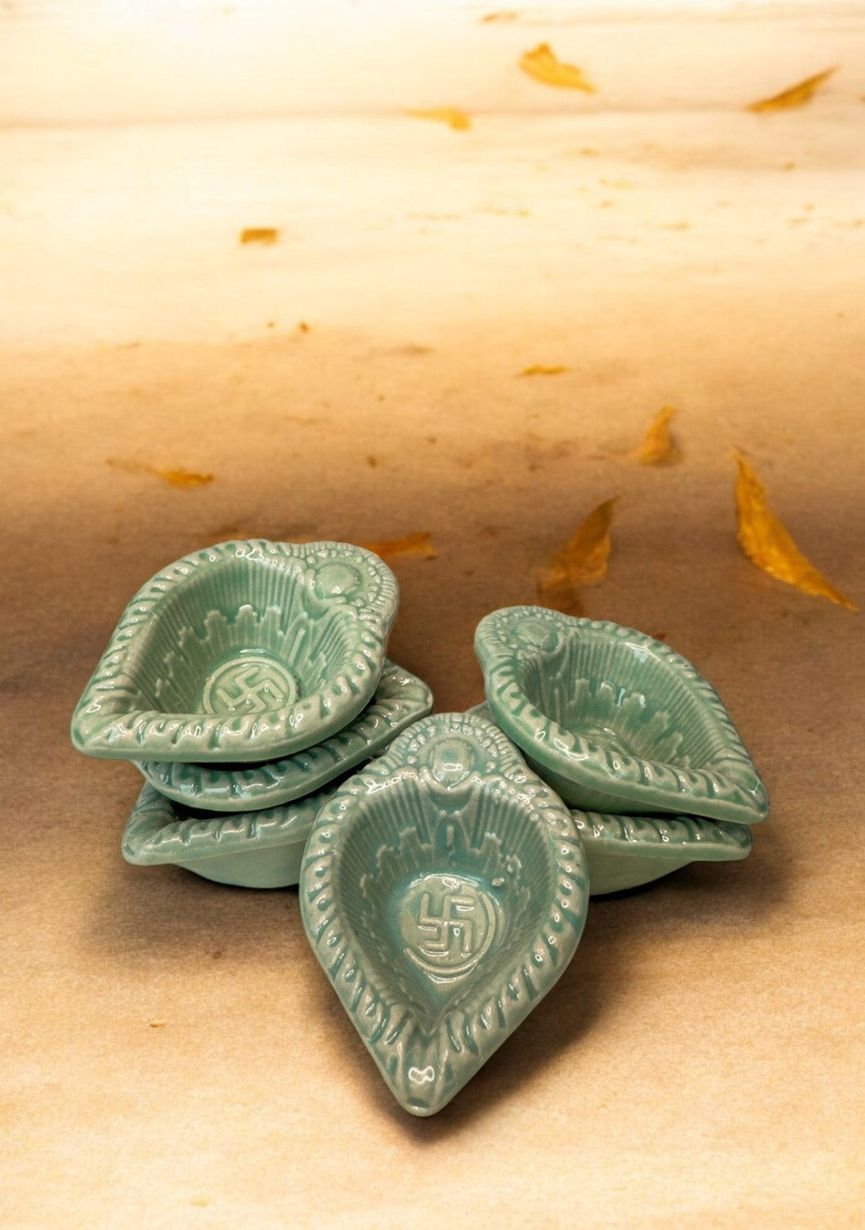 Green Swastic Diya Set of 6